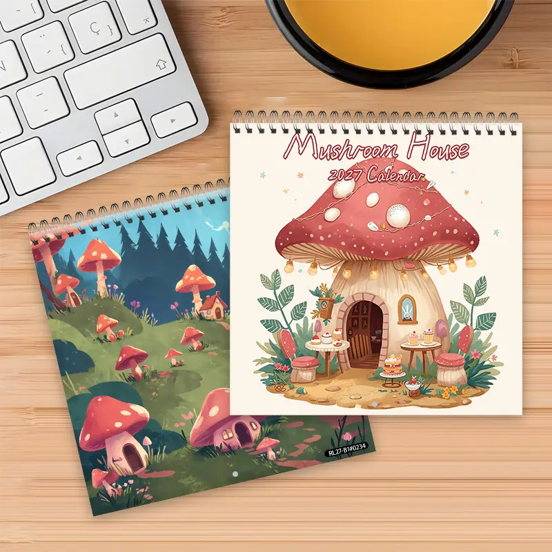 2027 Mushroom House Wall Calendar (8.27in x 8.27in) 21-Month Spiral Wall Calendar, made with thickened paper, suitable for home and office decoration. Monthly layout design, cover features an illustrated style with cute and delicate patterns, playful and