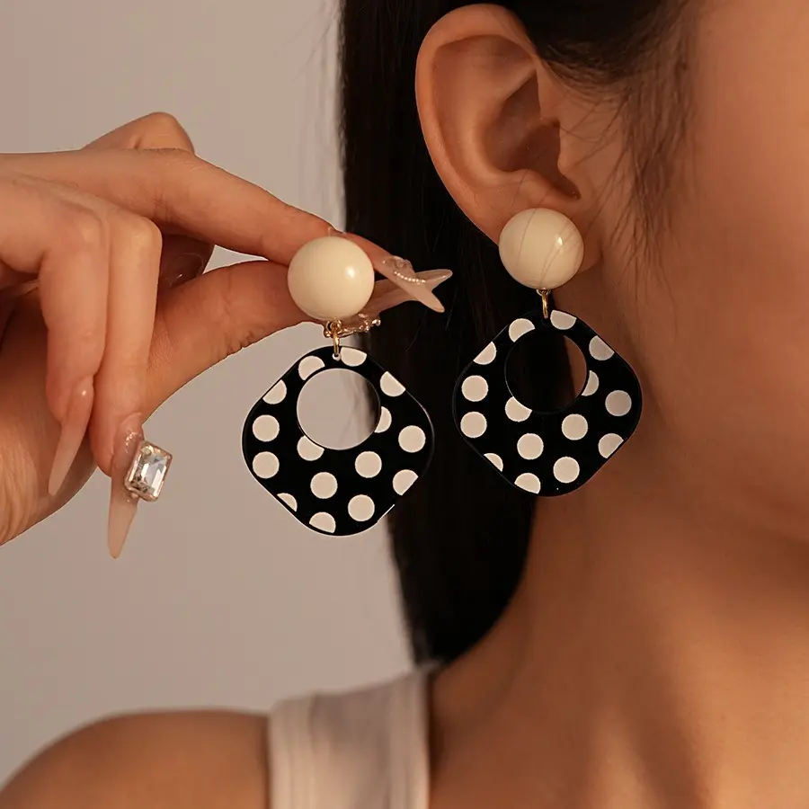 Trendy Black White Polka Dot Earrings for Women, Vintage Acrylic Square Geometric Stud Earrings, Minimalist Statement Jewelry with Unique Retro Design, Lightweight Comfortable Fashion Earrings for Daily Wear, Party, Holiday Gift