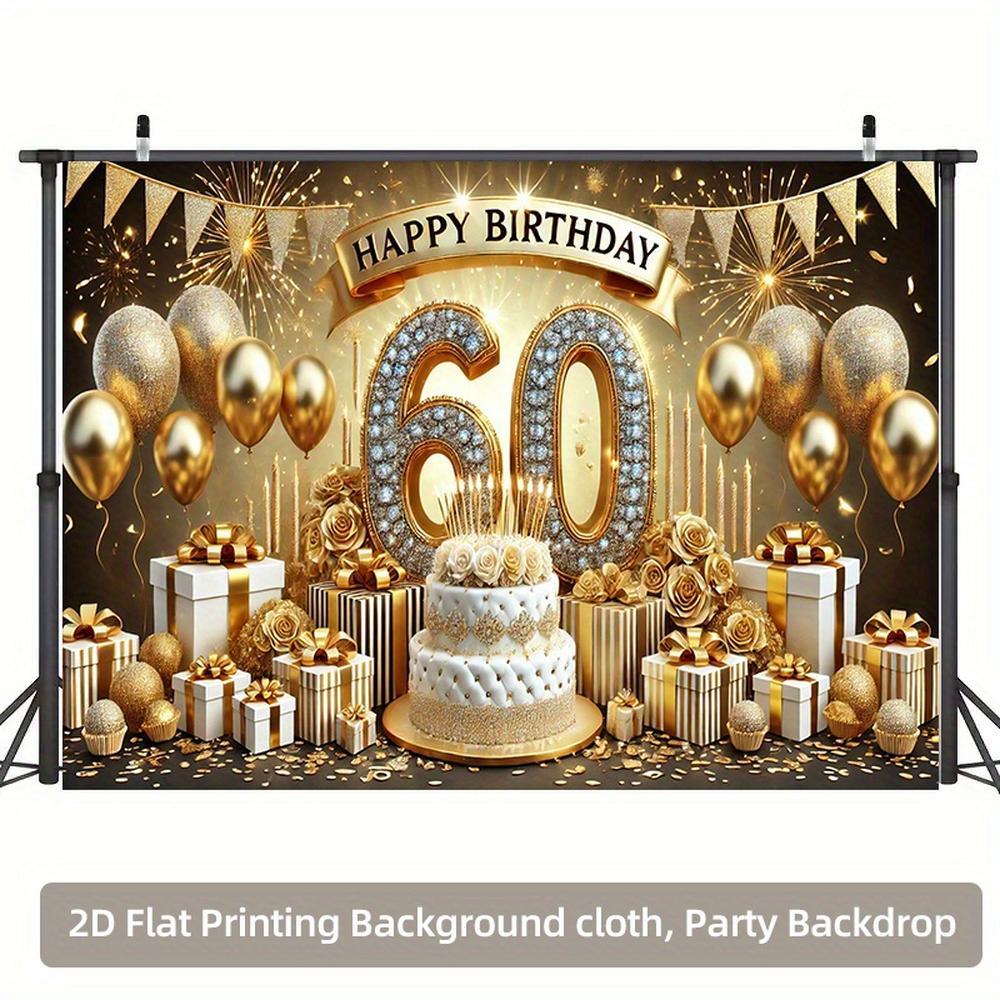 1pc 2D Flat 60th Birthday Party Backdrop - Golden Glitter "152.4cm with Balloons, Confetti & Gift Boxes, Polyester Photography Background for Indoor/Outdoor Celebrations, No Power Needed, Perfect