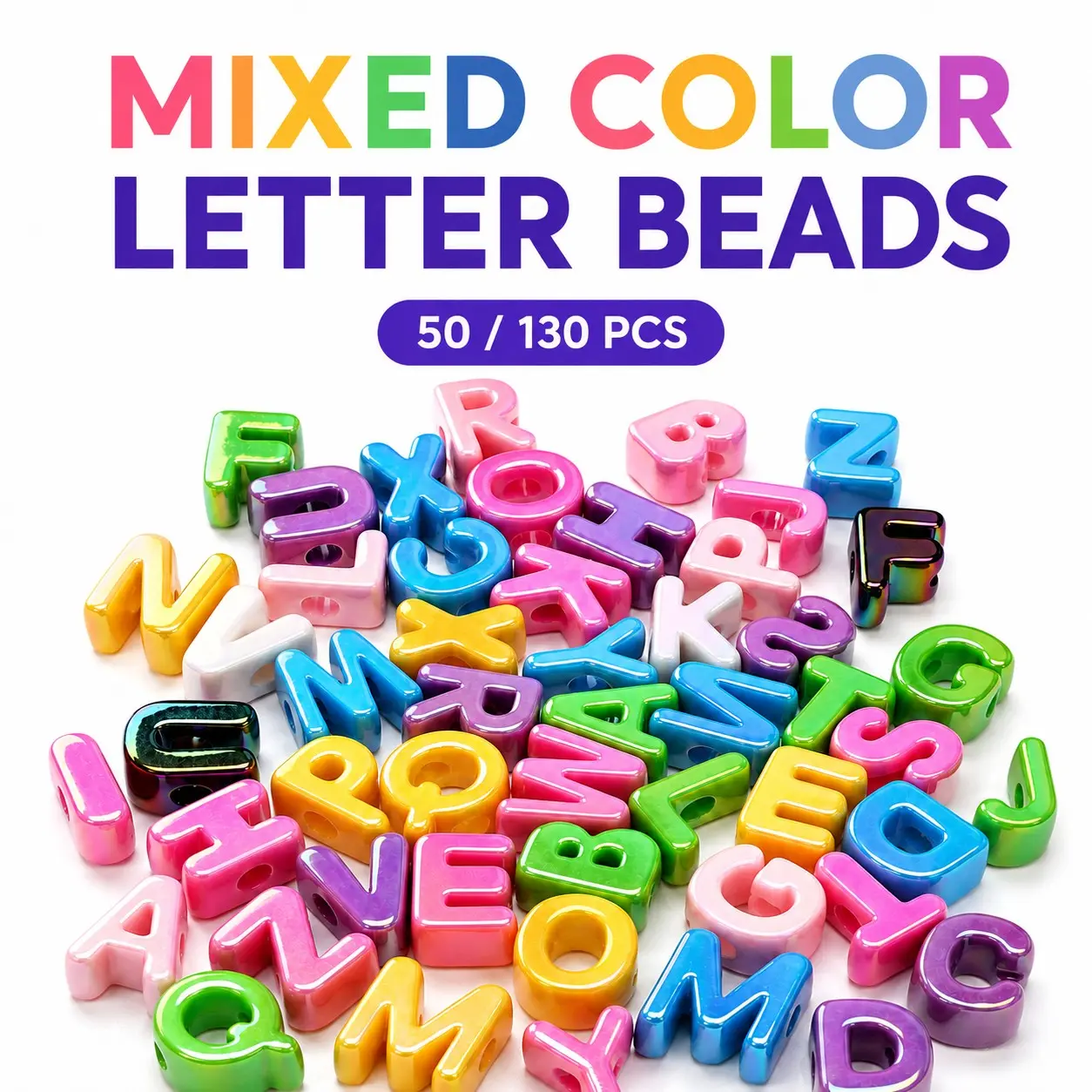 50/130PCS Mixed Color 6mm(0.23inch) Large Hole Alphabet Letter Beads, 14–23mm Glossy A–Z Craft Beads for DIY Bracelets, Necklaces, Keychains & Personalized Name Tags