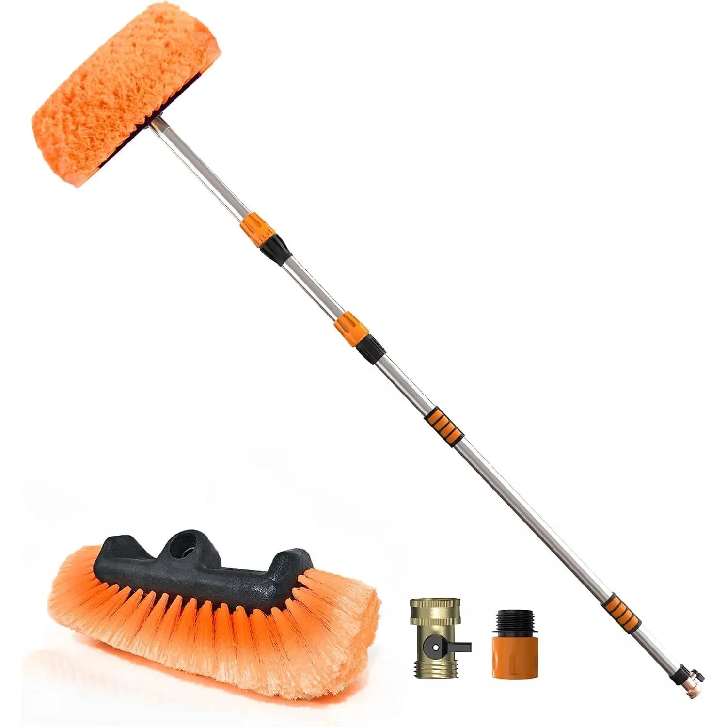 12FT  Wash Brush with Long Handle, 12-Inch Soft Bristle  Cleaning Brush for Cleaning RV, , Boat, Solar Panels, Orange
