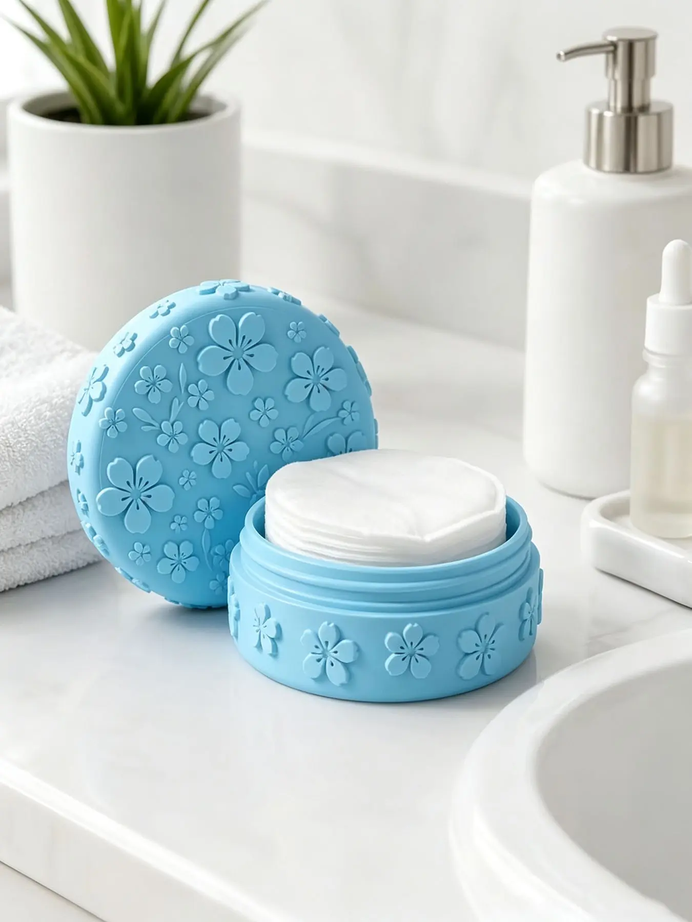 1pc 3D Printed Cherry Blossom Embossed Makeup Organizer, With Lid Dustproof Cosmetic Storage Box,Suitable For Vanity Bathroom Desktop, Girls Heart-Shaped Decorative Beauty Case for Makeup Sponge and Tools, Gift for Her