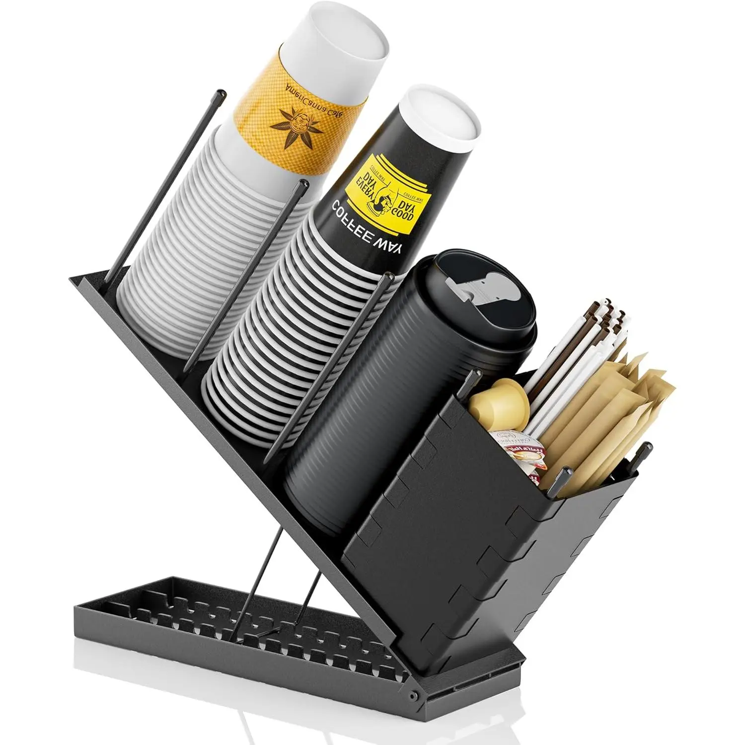 Adjustable Cup and Lid Holder with Straw Holder & Storage Box – 4-Compartment Coffee Cup Organizer Dispenser for Countertop, Office Coffee Bar Station,  Slushi Machine, Dirty Soda Bar