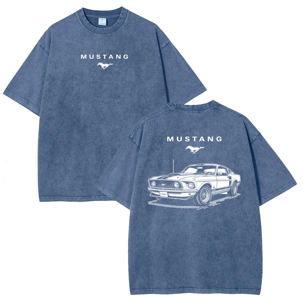 American Retro Car Streetwear Aesthetic, Classic Muscle Car Line Art Running Horse Graphic Unisex Graphict Washed T-Shirt Clothing Round Neck Washed T-Shirt,Women's Clothing 100% Cotton, Menswear, Top, Vintage Style