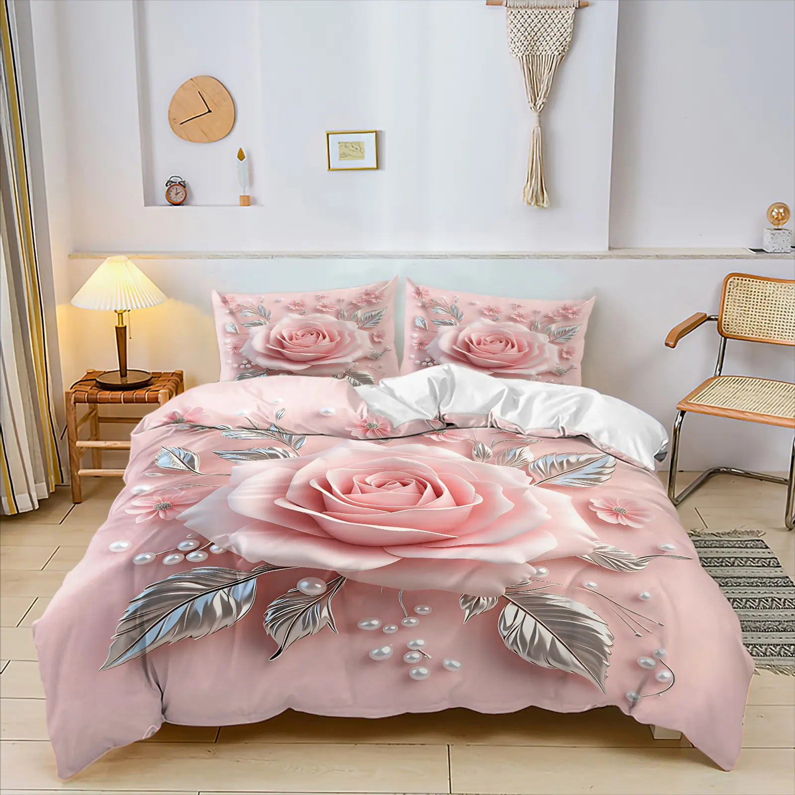Cute 3D Big Pink Rose Floral Duvet Cover Print Duvet Cover Set, Include 1 Comforter Cover and 1/2 Pillowcases, Aesthetic Girly Pink Quilt Cover, Skin-friendly, Suitable for All Seasons