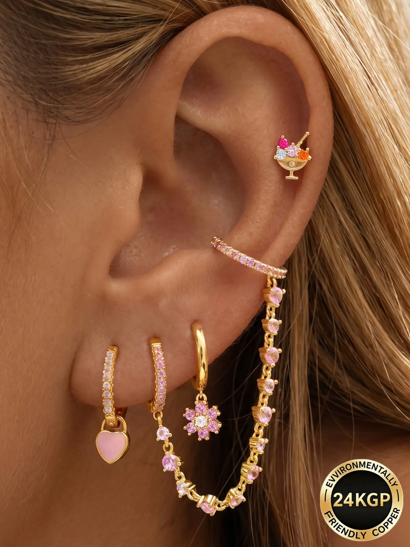 4Pcs Lovely 24K Gold Plated Cubic Zirconia Stud Earrings Set For Women Pink Zircon Chain Hoop Earrings Pack Enamel Heart Drop Dangle Earrings Stack