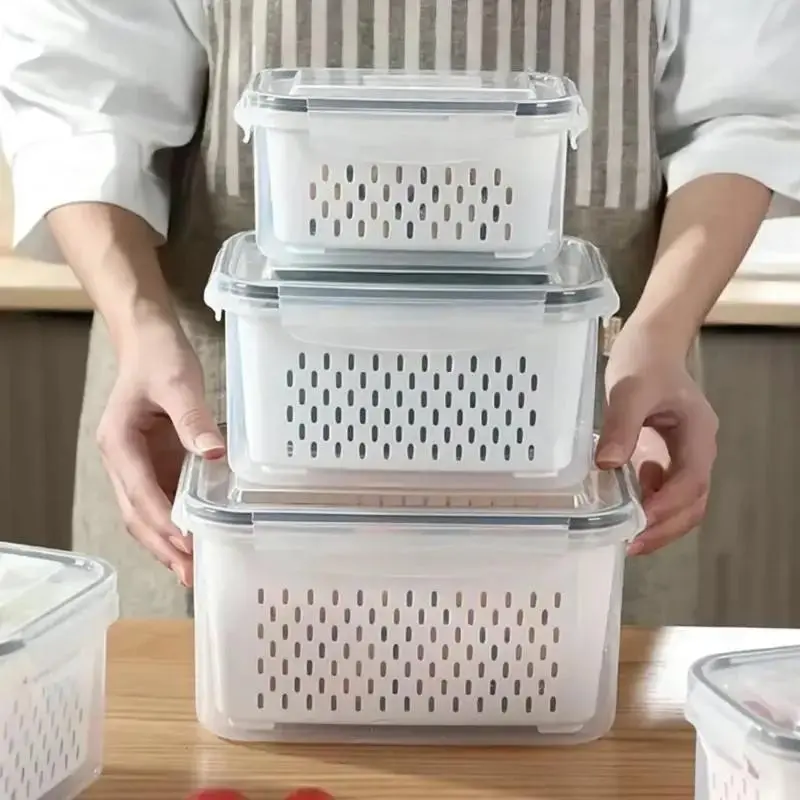 3pcs Food Storage Containers with Drain Basket and Lid, Leak-Proof Reusable Kitchen Organizer, Food Grade Plastic, Ideal for Fridge Organization and Picnics