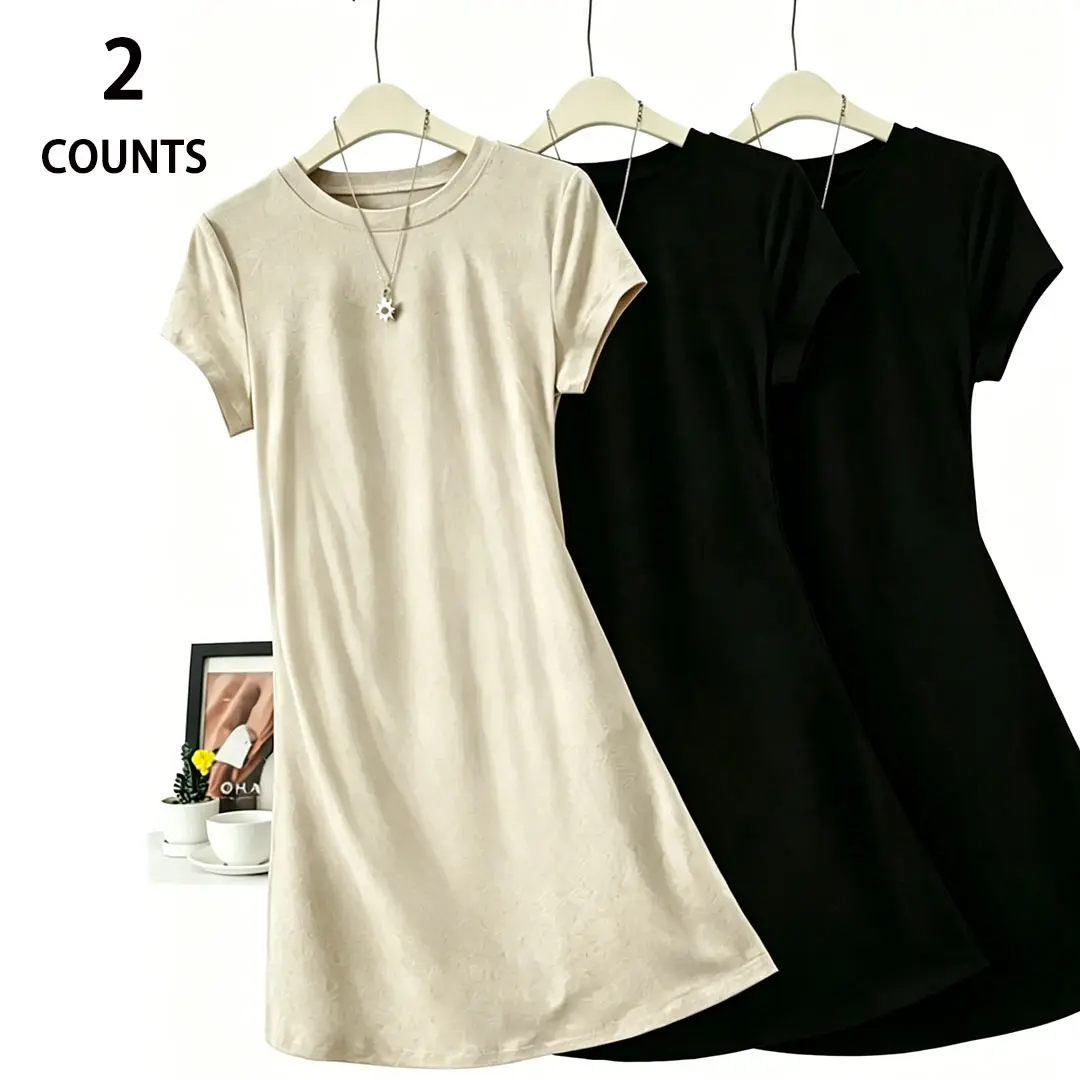 Women's 2-Pack Buttery Soft Milk Silk Casual T-Shirt Dresses - High Elasticity, Basic Casual Wear, Smooth Comfortable Fabric, Minimalist Trending Style, S-XXL Sizes, Ideal for Summer Daily Wear or Lounge Use, Shortsleeve