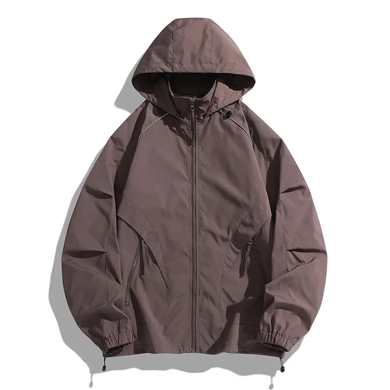 Drawstring hooded zip up windbreaker jacket, thin reflective piping on shoulder seams, curved zipper side pockets, elastic drawstring cuffs and hem, lightweight windproof fabric, loose functional cut for outdoor hiking and daily street outfits