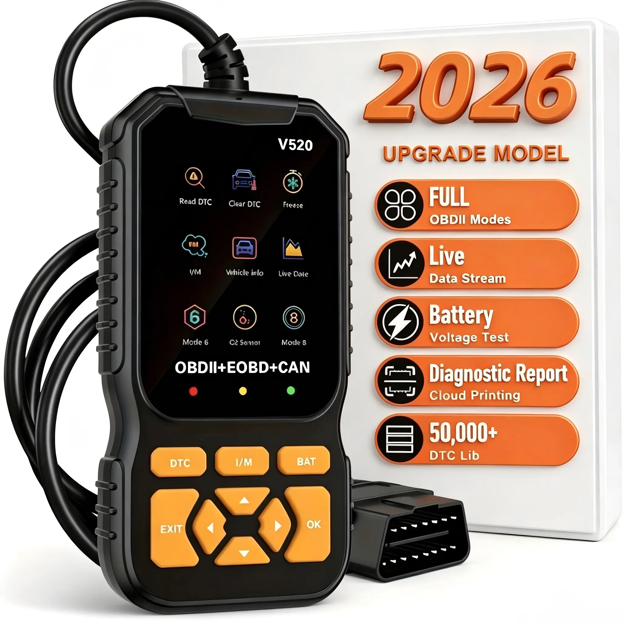 Professional Obd2 Automotive Diagnostic Scanner, Diagnostic Tool, USB Powered, Engine Fault Detector, Code Reader, Battery Tester, Supports 10 Languages, for Obd Ii Vehicles
