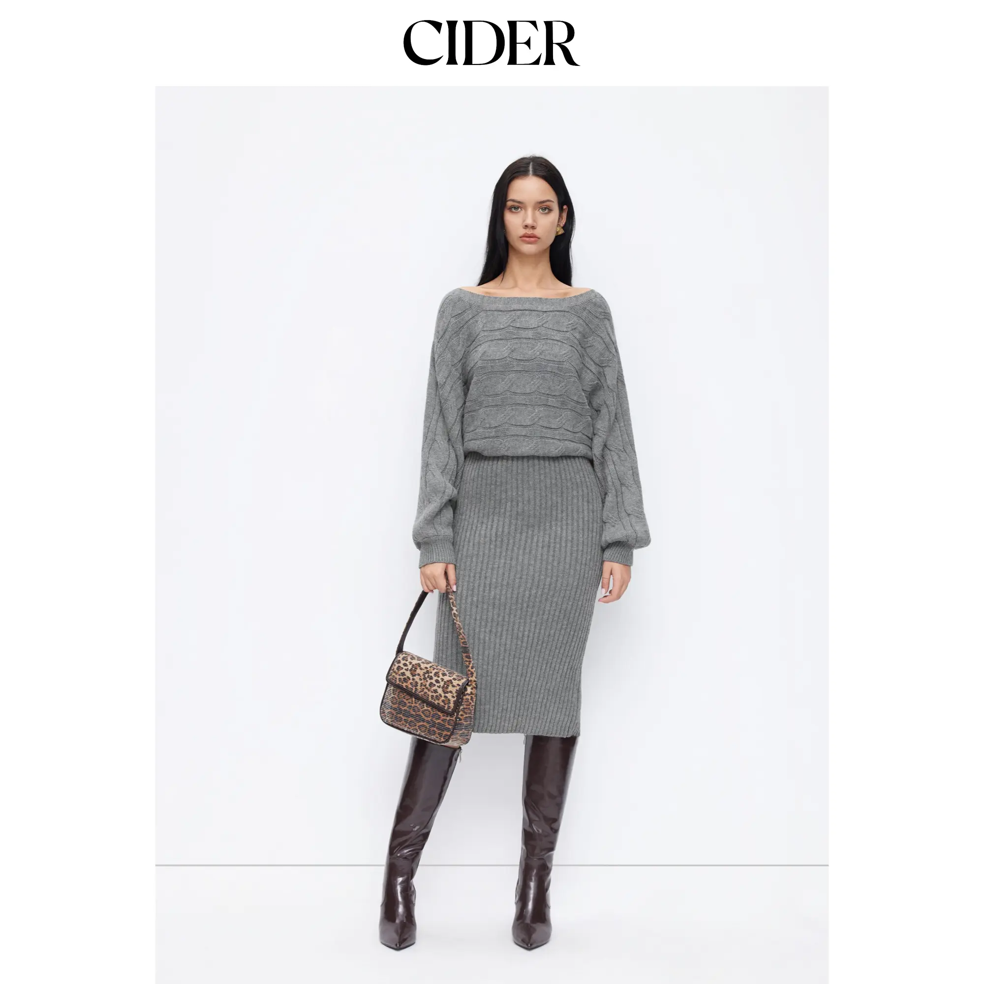 Cider Cable Knit Off-shoulder Batwing Sleeve Split Midi Pencil Dress SohoChic