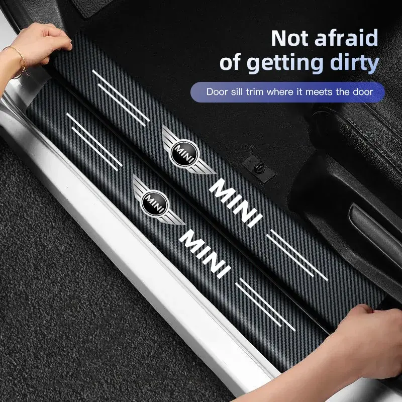 4Pcs Car Carbon Fiber Door Sill Sticker Anti-Scuff Plate Anti-Scratch Protective For MINI One Cooper JCW Countryman Clubman Cabrio Paceman Coupe Roadster Clubvan Car Door Trim Sticker Automotive Decals