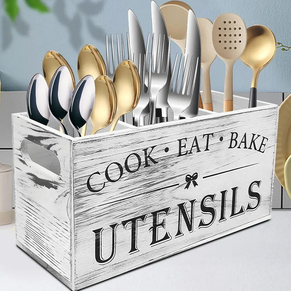 Rustic Wooden Utensil Holder for Kitchen Counter, Farmhouse Kitchen Organizer Box with 3 Compartments, Large Wood Cutlery & Cooking Utensil Storage Caddy#DealsForYouDays