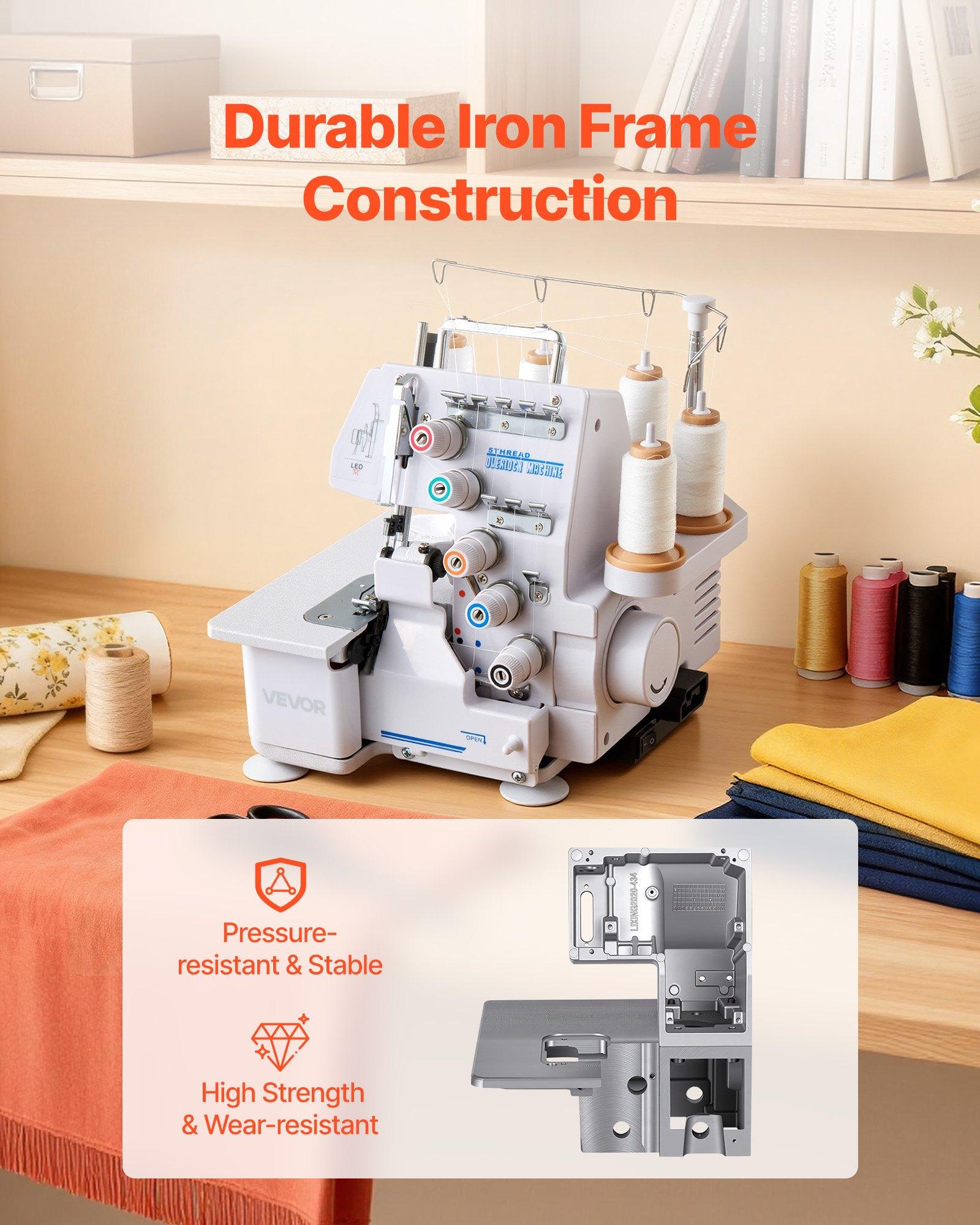 VEVOR Serger Overlock Sewing Machine, 1250 Stitches Per Minute, 2-3-5 Thread Capability, with LED Light and Strong Suction Feet, Heavy-Duty Metal Frame Sewing Machine for Various Fabrics, White