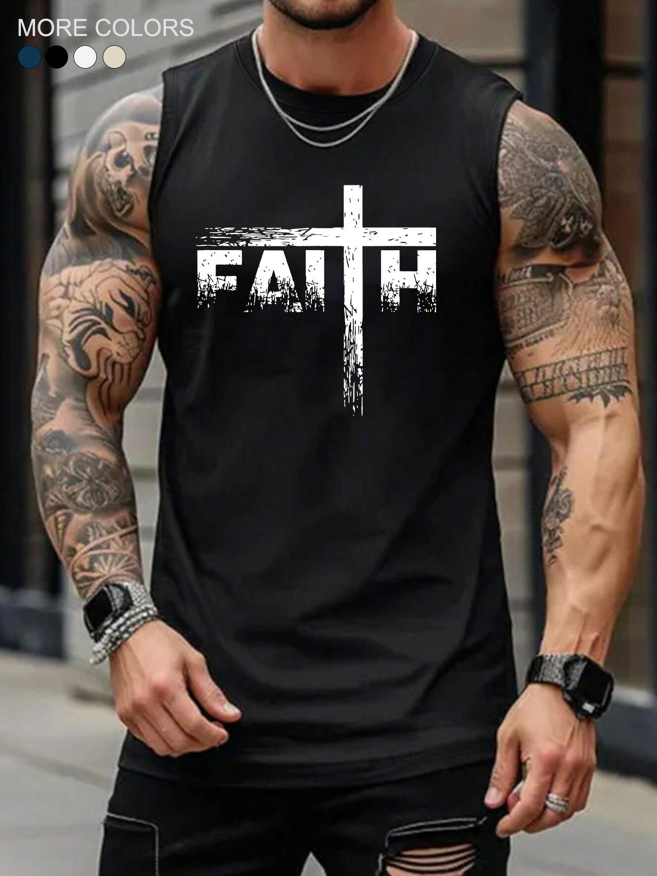 Men's Letter Print Cross Graphic Tank Top, Regular Fit Casual Comfy Sleeveless Breathable Top for Summer, Breathable Sleeveless Tops, Men's Clothes for Daily Wear, Socks