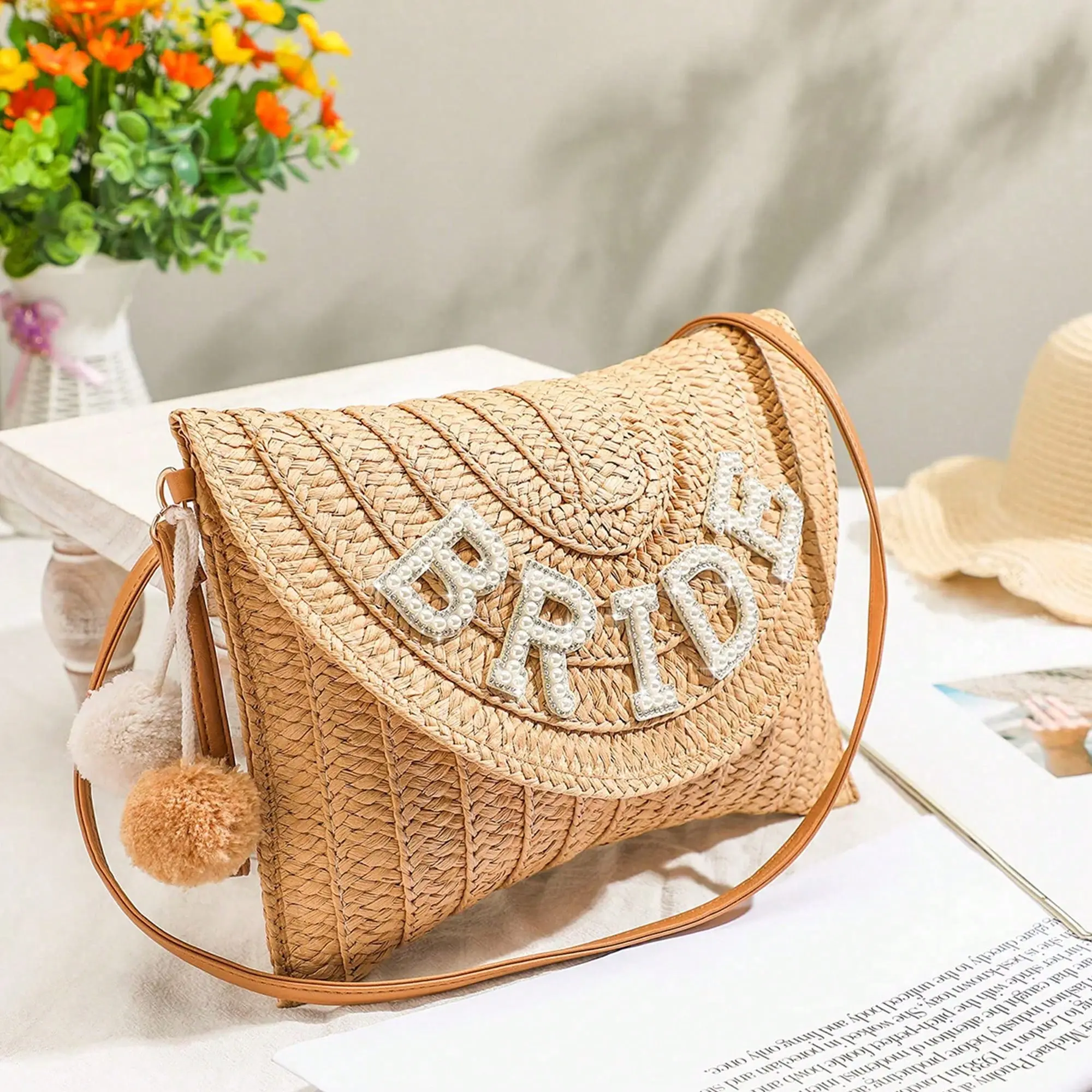 Bride Gift Straw Shoulder Bag Clutch Rhinestone Letter Purse Beach Bachelorette Honeymoon Wedding Bridal Shower | Bride Gift, Straw, Rhinestone, Letter, Beach, Bachelorette, Honeymoon, Wedding, Bridal Shower