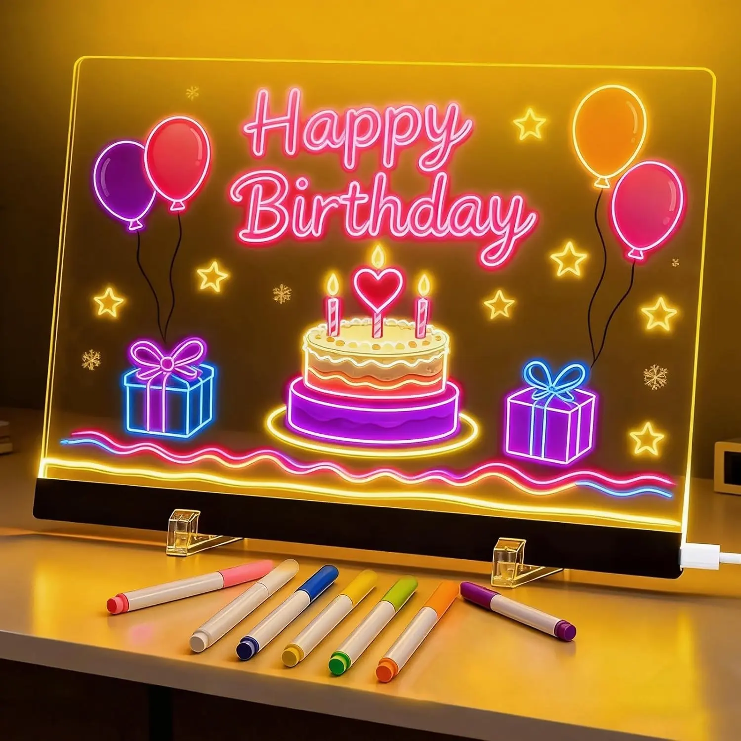 7 Color LED Light Up Message Board with Markers & Stand, Acrylic Dry Erase Illuminated Memo Wordpad, Creative Glow Drawing Board for Desk, Office, Cafe, School & Home Decor