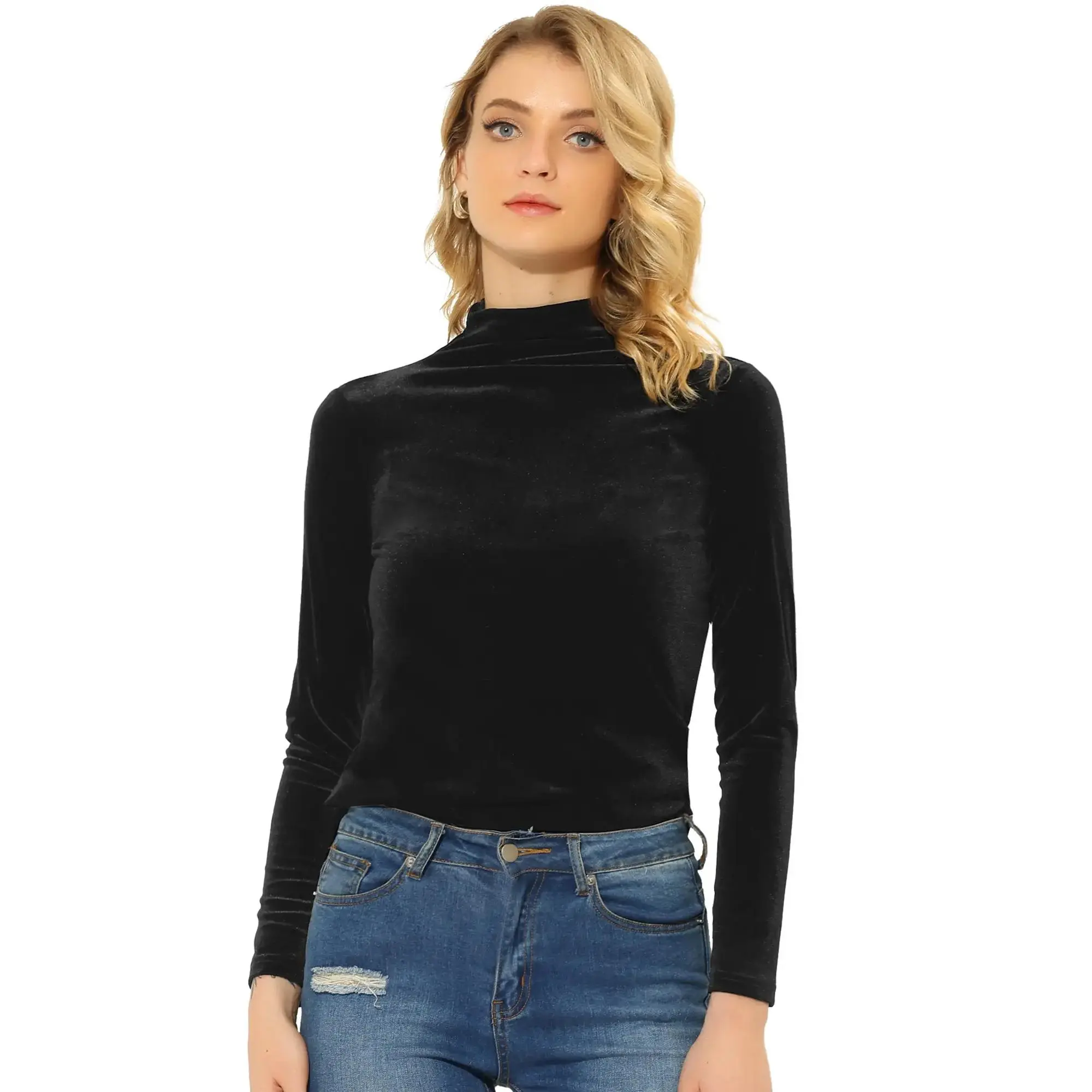 Turtleneck Vintage Velvet Top Long Sleeve Velour Blouse