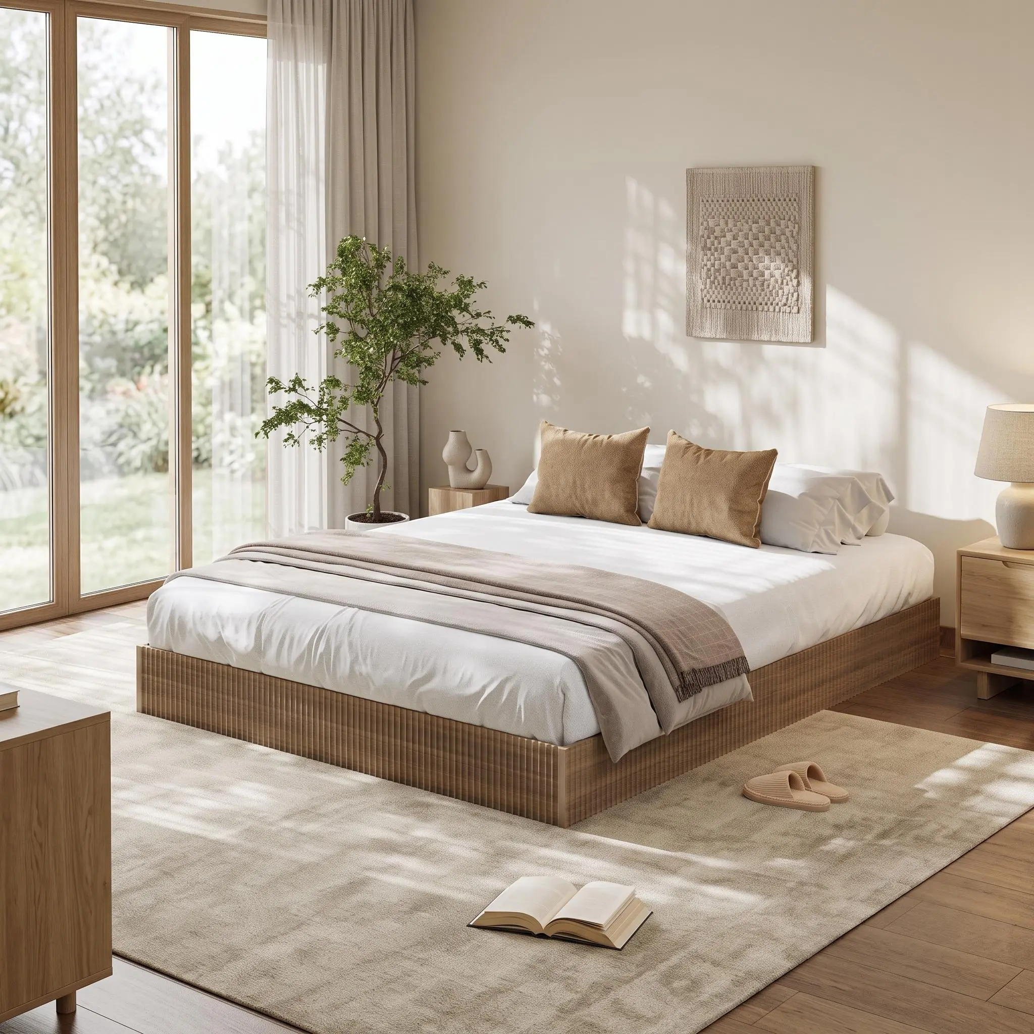 Minimalist Wood Platform Bed Frame - Low Profile, Fluted or Wave Design, Noise-Free, Easy Assembly, No Box Spring Needed - California King/Full/Twin, Walnut/Natural/Cream White
