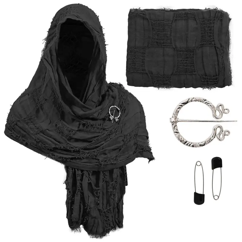 Medieval Scarf Cowl with Viking Brooch, Wrap Wasteland Hooded Shawl Cowl Scarf Renaissance Shaman Costume
