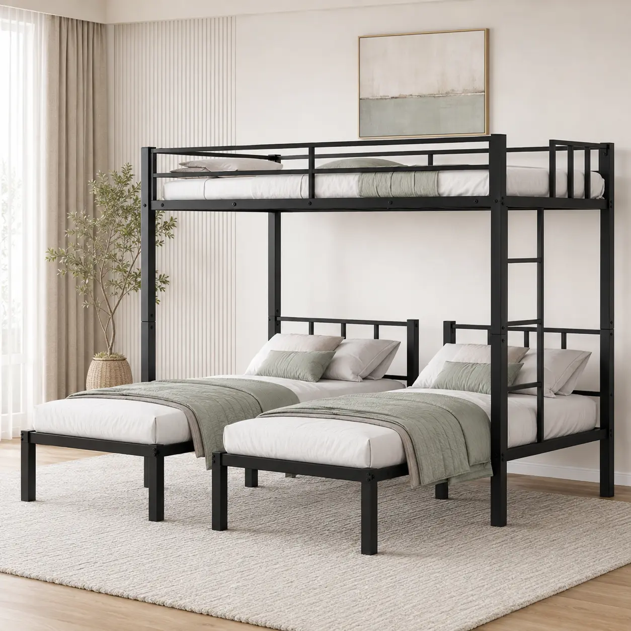 Detachable Metal Triple Bunk Bed, Twin XL Top Bunk 38" x 80" & 2 Twin Lower Beds 75.98" x 38.98", Converts to 3 Beds, Full-Length Guardrails, Side Ladder, Noise-Free Black Metal Frame for Dorms (Mattresses Not Included)
