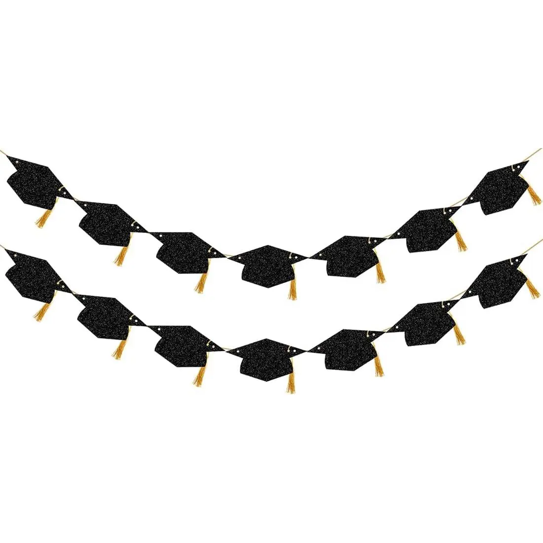 Class of 2026 Garland, Pre-Strung Black Glitter Graduation Hat Banner with Tassels, Paper Wall Hanging Decor for College & High School Parties, Ornaments