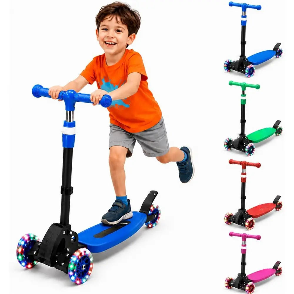 Kids Kick Scooter, Kick Scooter for Kids 2-7 Age, Light up 3 Wheels Kick Scooter, Heavy Duty Folding Lean-to-Steer Scooters with 3 Adjustable Handlebar for Boys Girls Blue