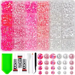 24-Piece Mixed Rhinestone Pearl Set, Gradient Ab Drilled Half Round Pearls, DIY Glue, Nail Art, Shoe, Phone Case Decor，Nail Art Rhinestones 、 Flatback Crystals 、 with Adhesive Glue 、 Diamond Painting