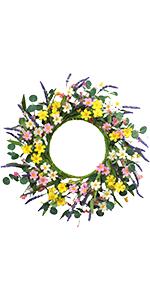 J'FLORU Spring Wreaths for Front Door 22 Inch Artificial Summer Wreath Daisy and Lavender Wreath with Wildflowers for Home Wall Farmhouse Springtime Easter Holiday Party