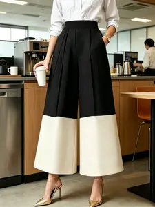 Women's Elegant Minimalist Patchwork Woven Long Pants, Loose-Fit, Hidden Pockets, Zipper, All Seasons, Casual Wear