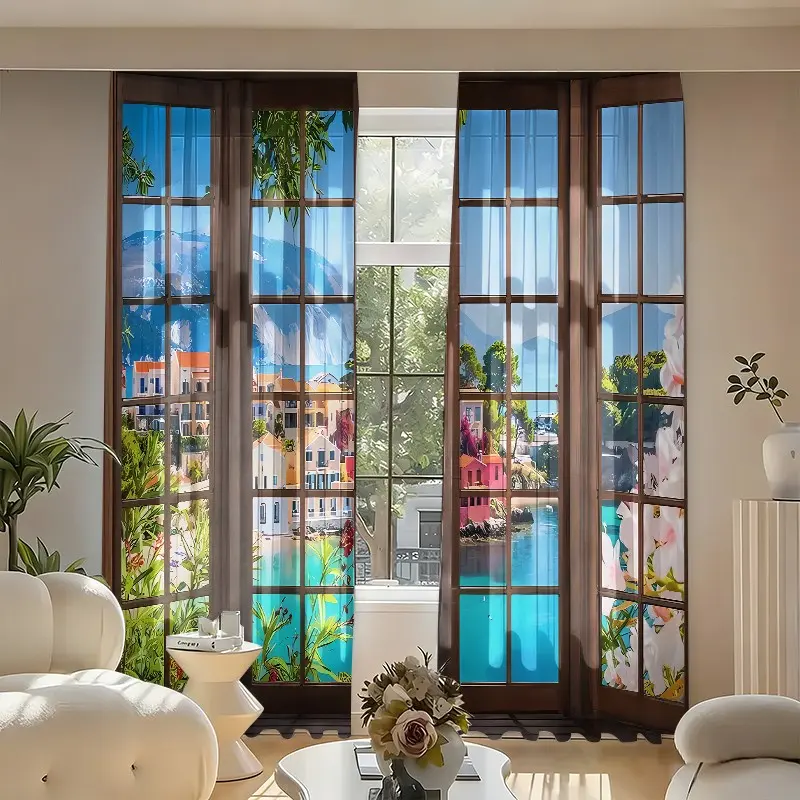 2-piece set: fake window + coastal town. Printed semi-transparent curtains, rod bag curtains, suitable for living room, bedroom and home decoration. Wear-resistant, wrinkle-resistant, and not prone to balling or deformation.