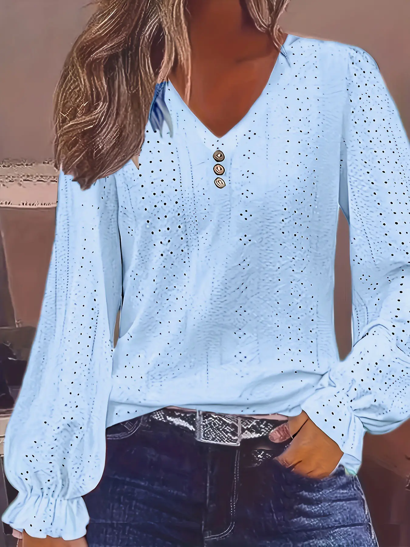 Plus Size French Lace Embroidery V Neck Long Sleeve Shirt, Three Button Lantern Ruffle Sleeves, Loose Fit Casual Top for Women, Blouses