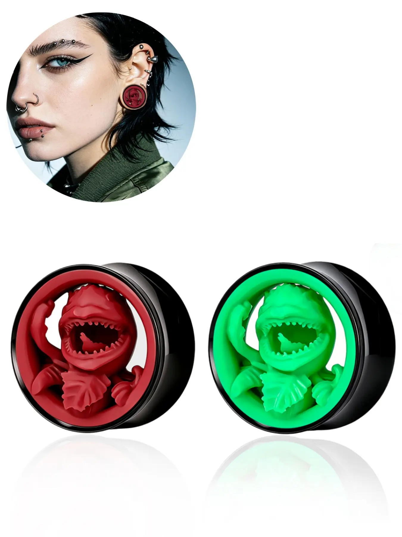 vanku 2pc Stainless Steel Hypoallergenic Halloween 3D Man-Eating Flower Ear Tunnel Plugs, Alien Creature Ear Gauges, Daily Wear Body Piercing Jewelry