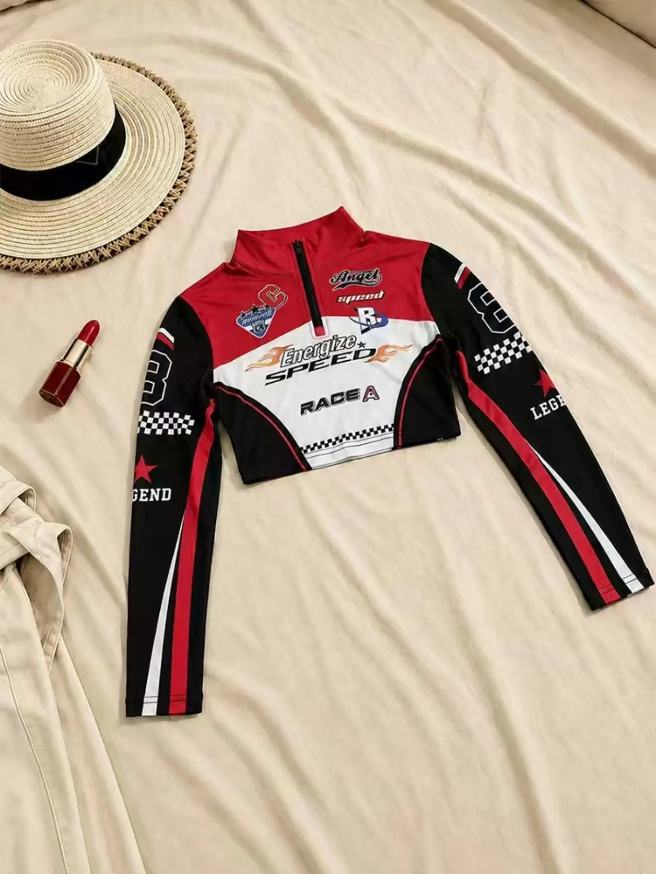 Y2K Checkered Racing Print Long Sleeve T-Shirt, Half Open Neck Slim Fit Short Top, Sweet Cool Motorcycle Riding Shirt