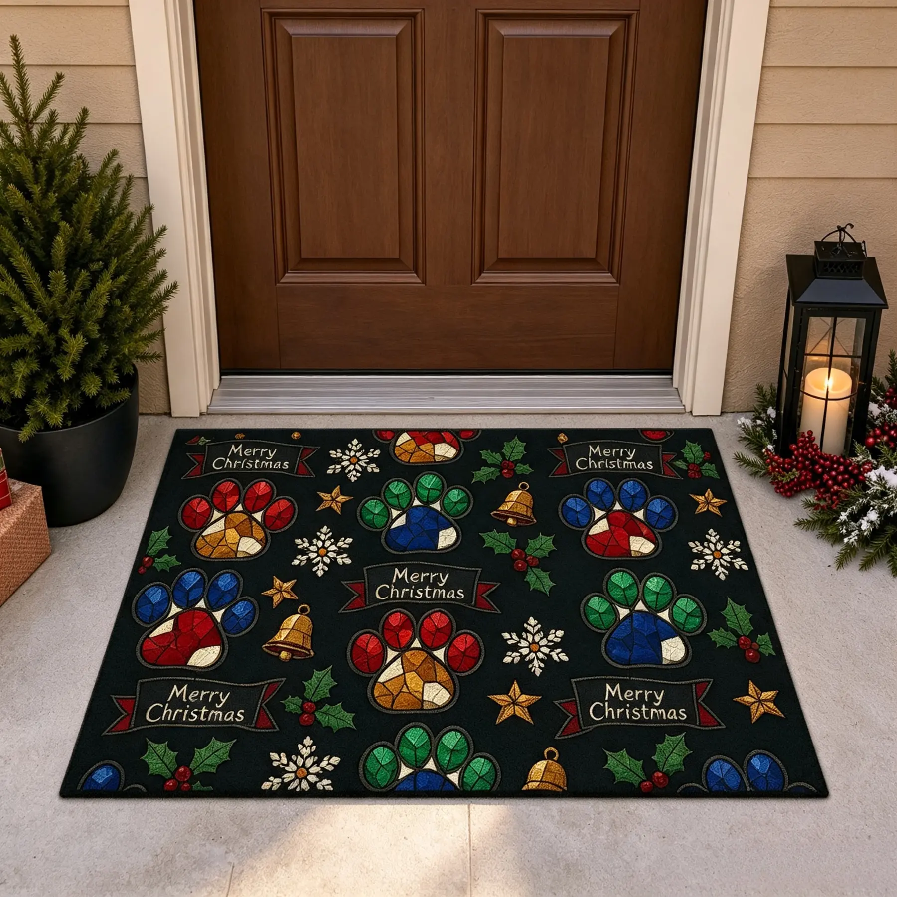 Holiday Theme Christmas Paw Print Rubber-Backed Doormat, 1-Piece Non-Slip Welcome Rug, Indoor/Outdoor Front Porch Decor Mat, One-Piece