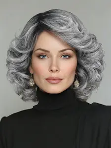 Gray Short Curly Wig With Bangs for Women 12inch Side Part Loose Wave wig Synthetic Loose Curly Bob Silver Grey Non Lace Bob Wig Glueless Wigs For Women Silver Gray Bob Wig Mother's Day Soft Curly Wig