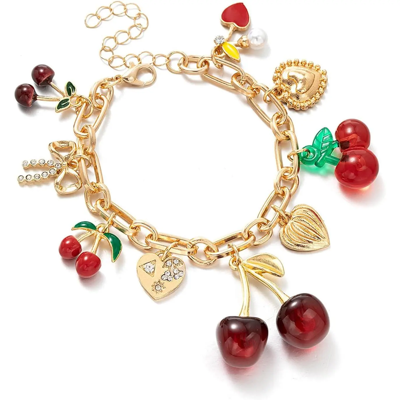 Gold Chunky Charm Bracelet for Women, Handmade with 3D Cherry & Heart Enamel Charms, Adjustable Size Jewelry, Christmas Gift