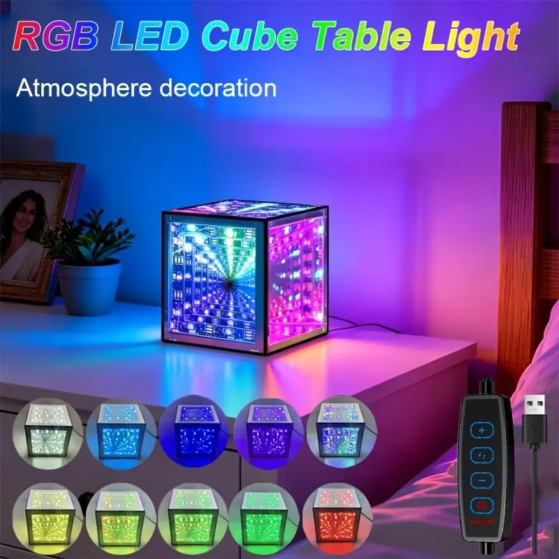 RGB Infinite 3D Cube Night Light, Colorful LED Desk Lamp, Decorative Room and Game Room Light, Tech Gift, Birthday Present
