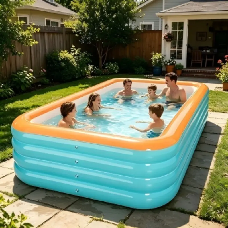 Large Inflatable Pool 380x190x75cm, Three-Tier Rectangular Water Pool for Kids and Adults, Outdoor Summer Fun for Family Backyard