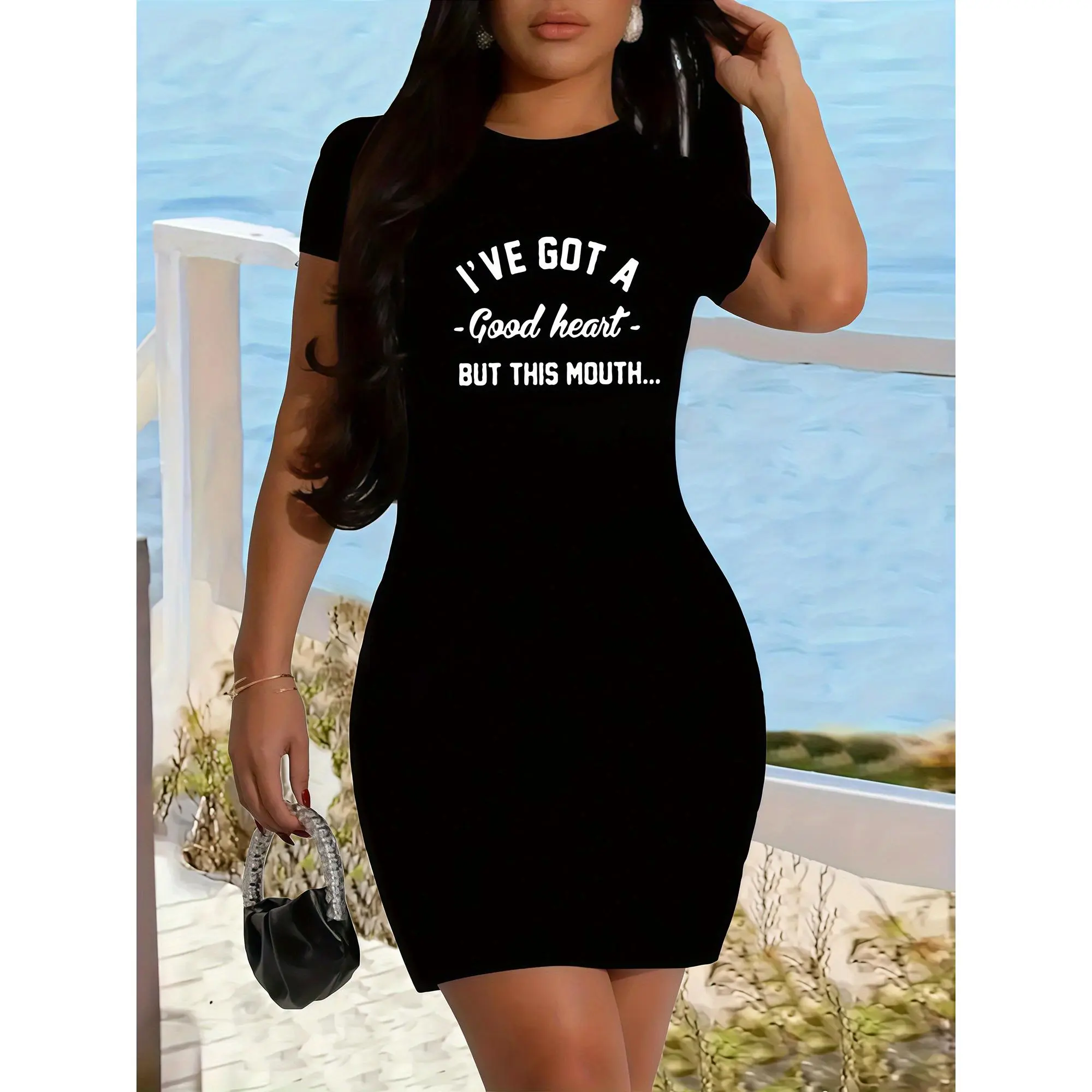 Women's Elegant Stretch T-Shirt Dress with "I Am Kind at Heart" Print - Short Sleeve A-Line Casual Dress with Pockets, Machine Washable Spring Summer Fall Outfits, Black & White Lettering, Round Neck T-Shirt for or Casual Attire