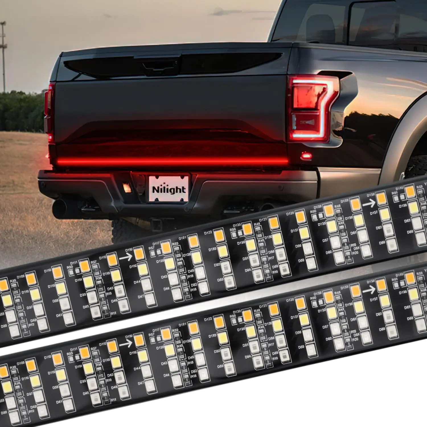 Nilight 60in Quad Row LED Tailgate Light Strip for Trucks/SUVs, 648 Superbright Waterproof LEDs, Peel-and-Stick, 4-Pin Flat Connector, Universal Fit, 5 Multi-Modes: Red Running/Brake Lights, White Reverse Lamp, Amber Turn Signals