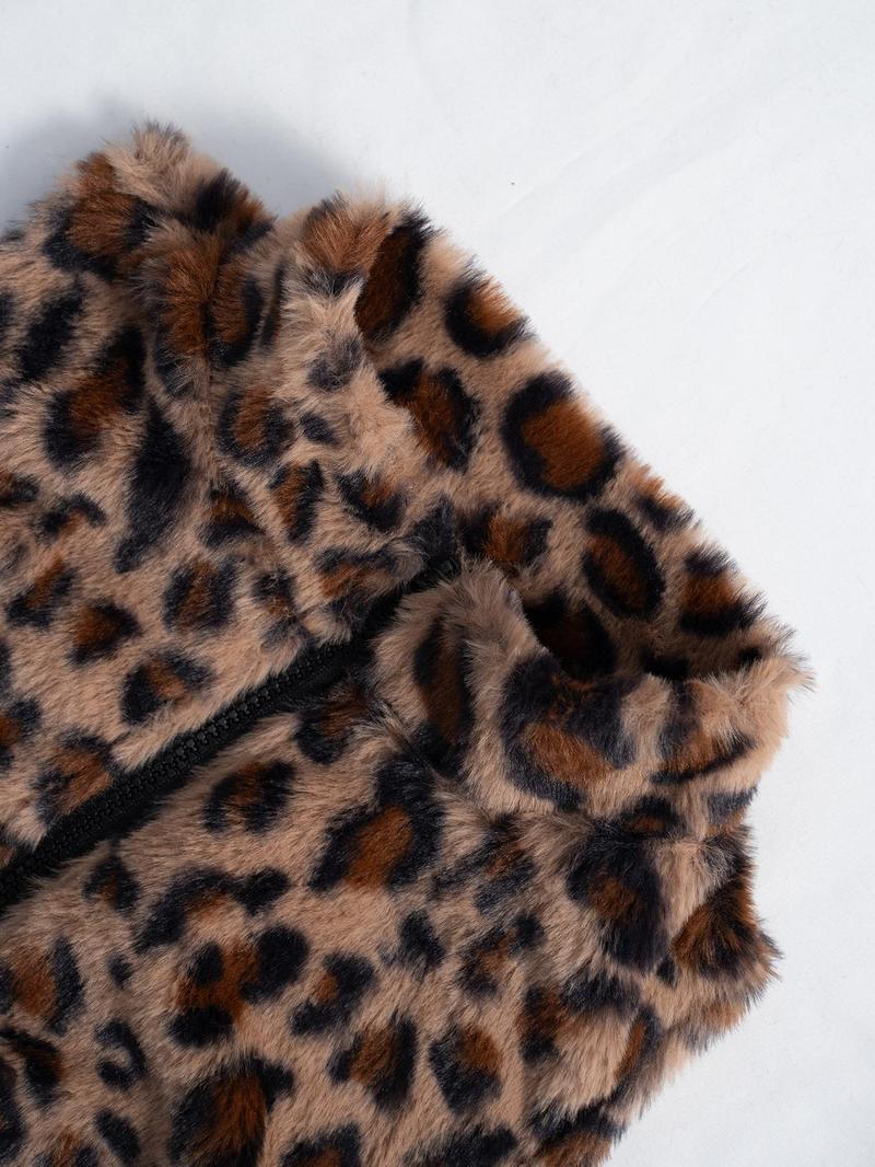 Women's Leopard Print Zip Up Crop Vest Jacket, Casual Sleeveless Stand Collar Plush Outerwear for Fall & Winter, Ladies Clothes for Daily Wear