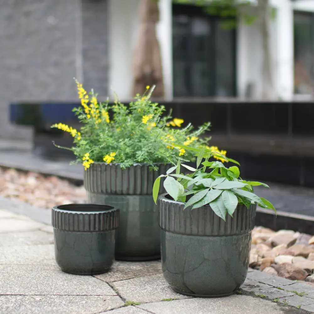 Littleox Handmade Ceramic Round Planter Set of 3, 15/12/9 in Diameter, Dark Green Vertical Ribs, Breathable Clay, for Succulents Both Indoor/Outdoor Use on Windowsill & Bookshelf