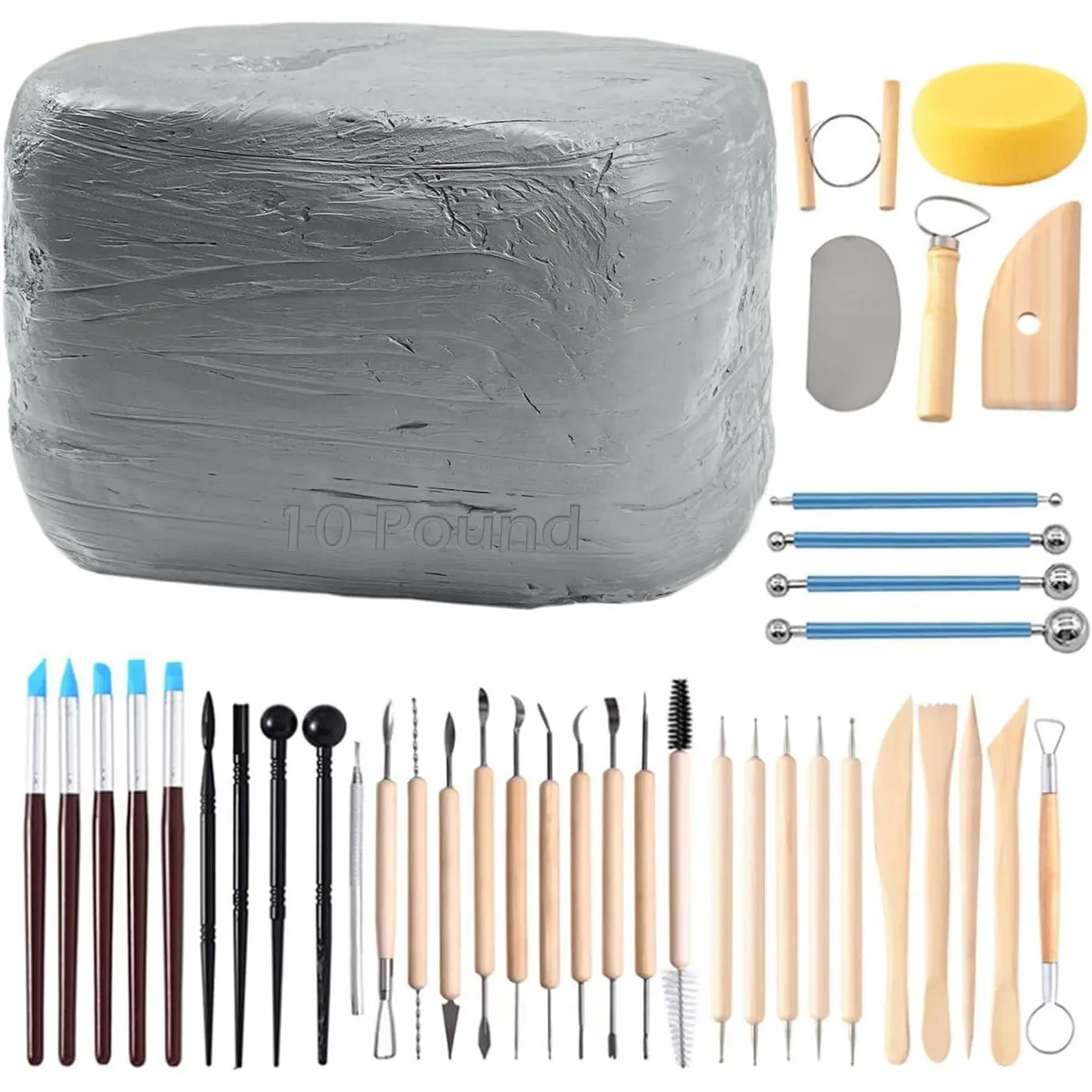 Natural Air-Dry Modeling Clay - 10LBs with 40 Pcs Pottery Sculpting Tool Set, All-Purpose Clay (Gray)