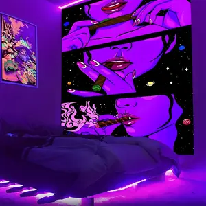 Trendy Psychedelic Art UV Reactive Fluorescent Tapestry, Trippy Tapestry, Purple Creative Tapestry Wall Art, Durable Polyester Fabric, Multiple Sizes Fit Various Spaces, Easy Cleaning, Trendy Item To Create Personalized Home Atmosphere