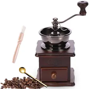 Vintage Wooden Manual Coffee Grinder Hand Coffee Mill with Ceramic Burr Hand Crank, Includes Cleaning Brush, Dark Brown Upgraded Version