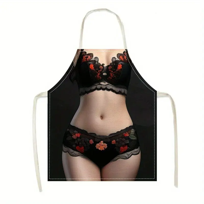 Novelty Dark Background Black Lace Red Floral Underwear Body Simulation 2D Print Waterproof Oil-Proof Polyester Kitchen Apron, Adjustable Neck Strap Extra Long Waist Ties Stain Resistant Reusable Cooking Baking BBQ Apron, Perfect Hilarious Joke Gift.