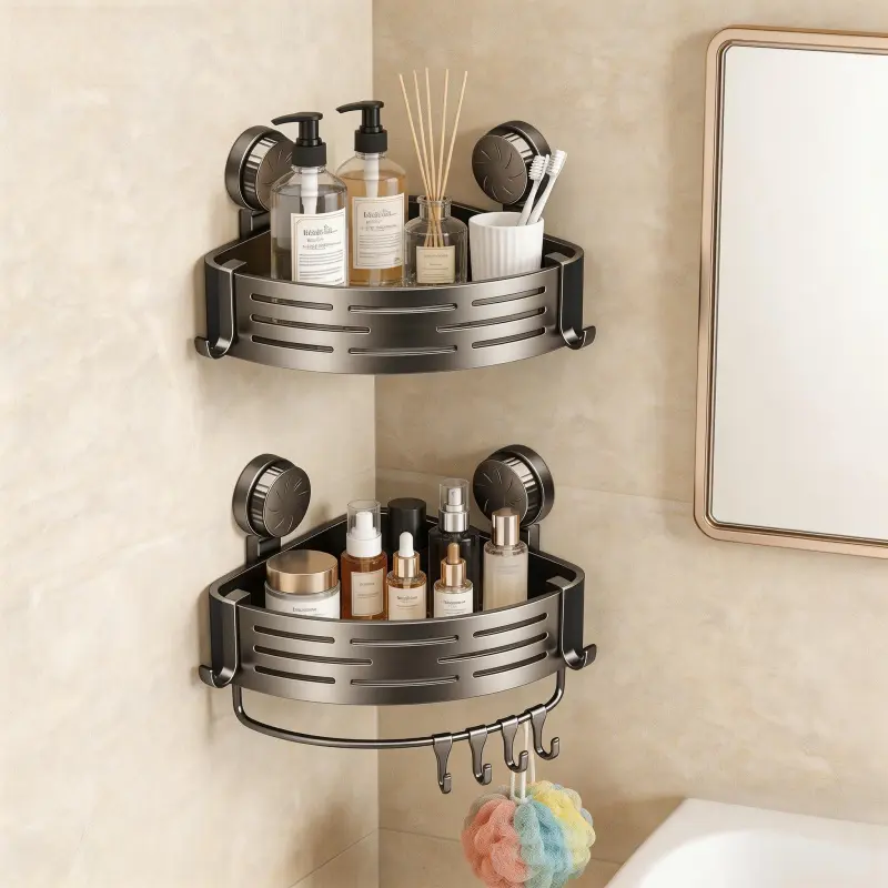 Bathroom Triangle-Shaped Wall Mounted Storage Basket 2-Piece Set - Durable Plastic Grid Pattern, No-Drill Adhesive & Suction Cup Mount, Secure Fit Space-Saving Shower Accessories for Washbasin, Toilet Easy Installation