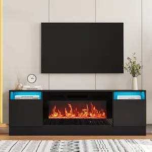 Modern TV Stand for Living Room – Fits TVs up to 75", Sleek Entertainment Center with Storage Cabinet, Compatible with 36" Electric Fireplace (Fireplace Not Included), Wooden Console Table – White & Black