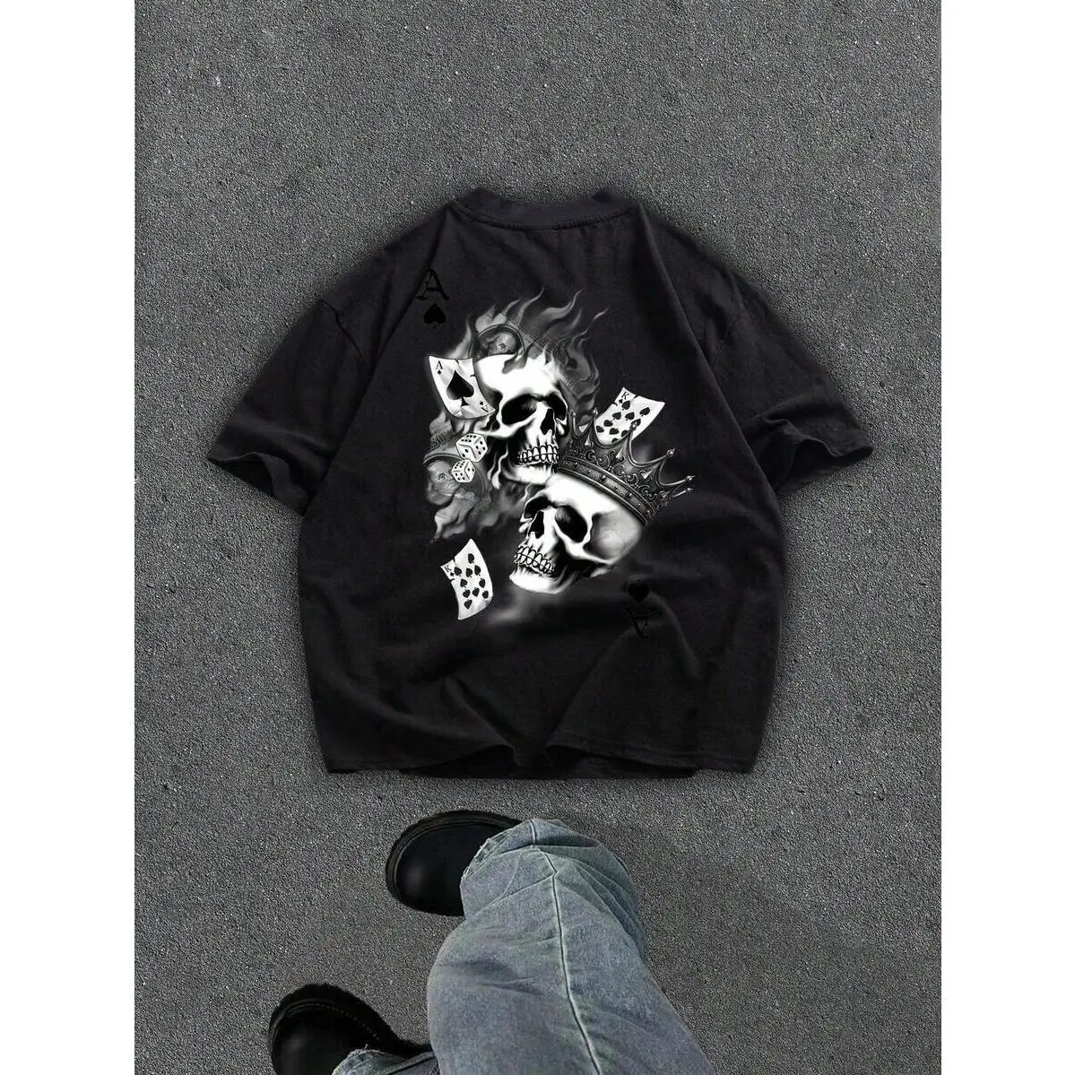 Manfinity   Loose Fit Dark Street Smoke Black Spade A Crown Skull Print Black Cotton Knit T-Shirt (Wide Sleeve, Collar, Hem) Men Drop Shoulder Tee Skull Graphic Tee